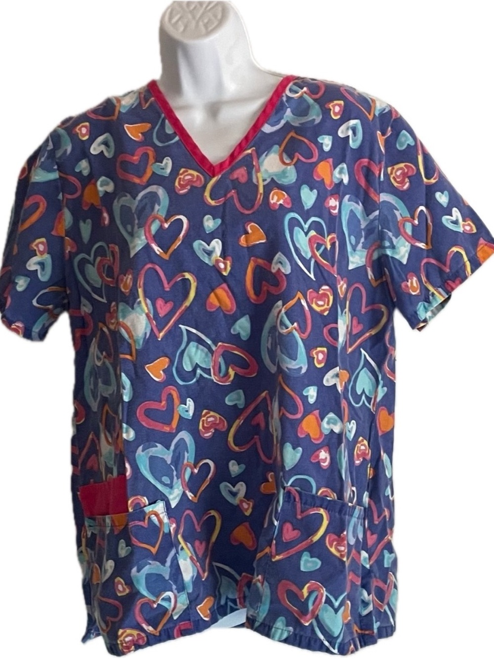 Smart Scrubs Navy Blue Heart-Print V-Neck Scrub Top